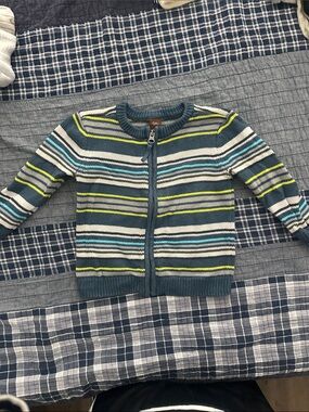 Tea Collection Striped Zip Cardigan in Teal, White, Lime & Light Blue